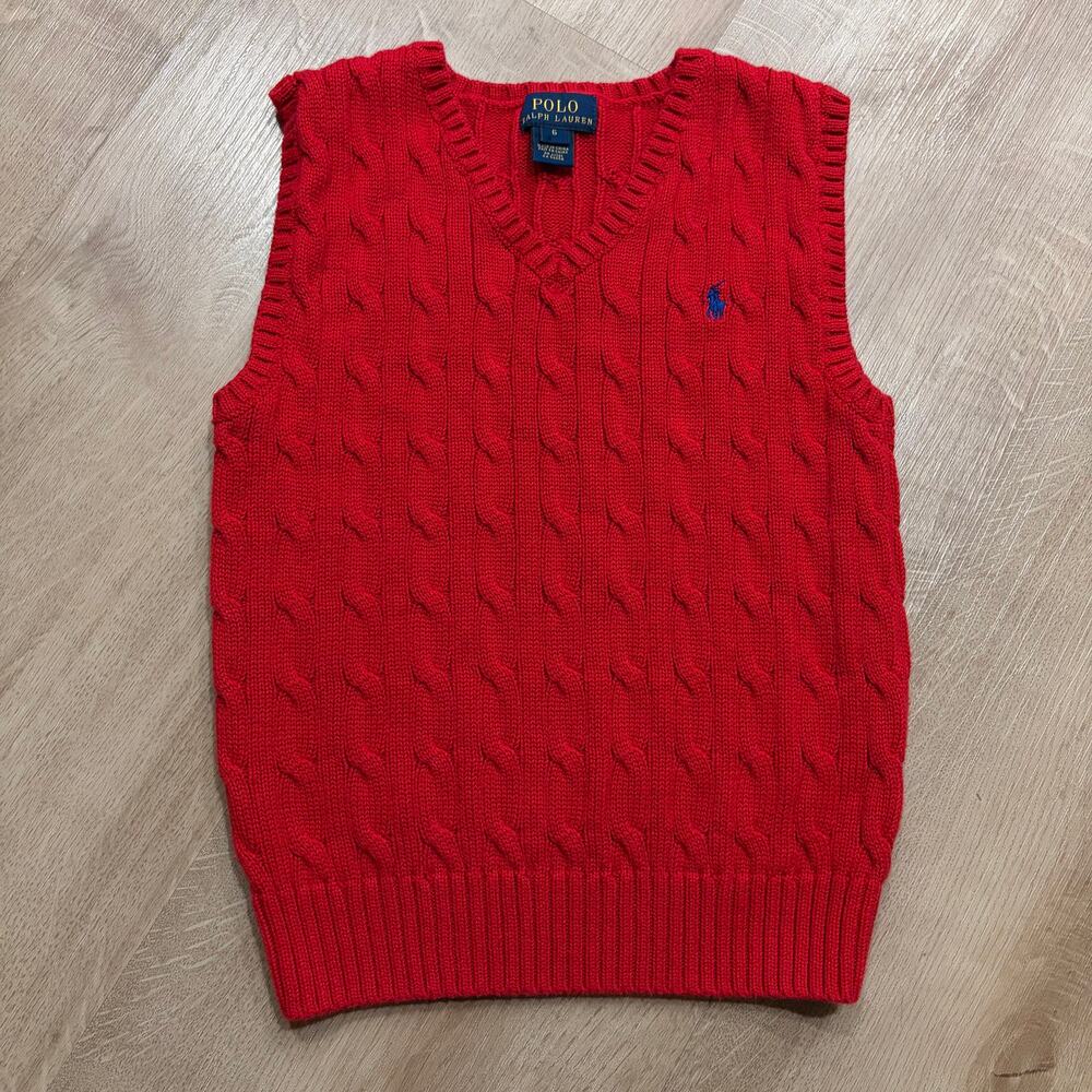 Polo Ralph Lauren Cable Knit Sweater Vest Youth Boys Kids Size 6 Red Sleeveless